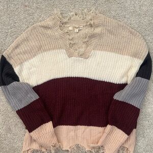 Rewind Women's Striped Knit Sweater - Cream, Burgundy, Tan